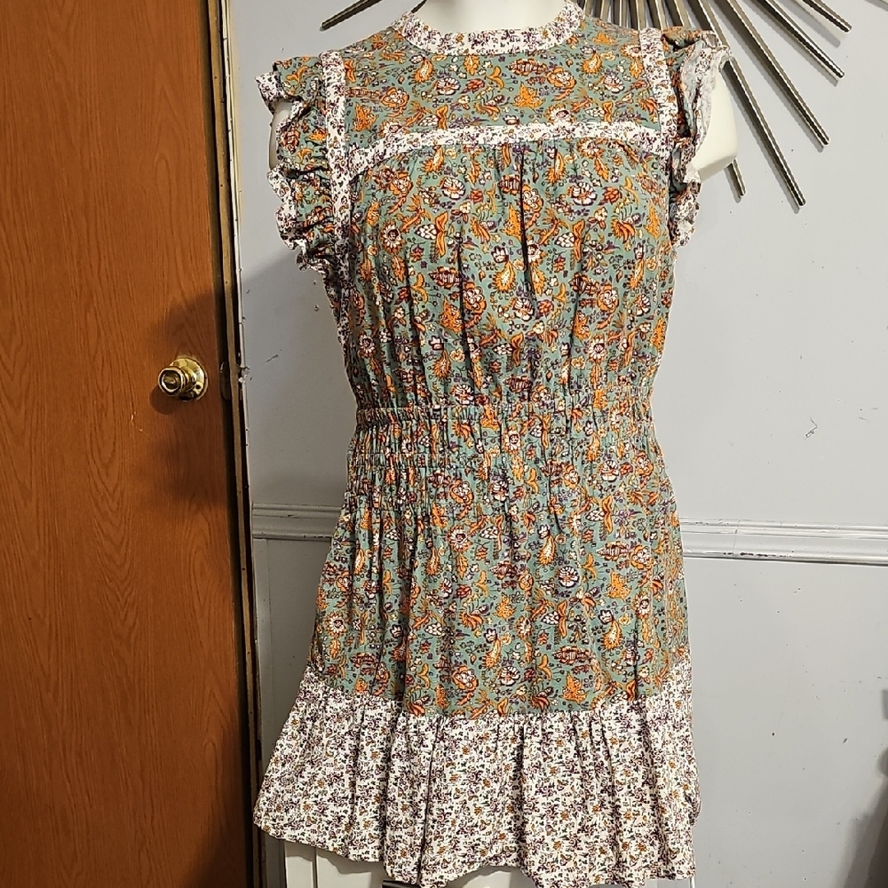 Universal Thread Floral Smocked Mini Dress - Sage Green & Rust Print